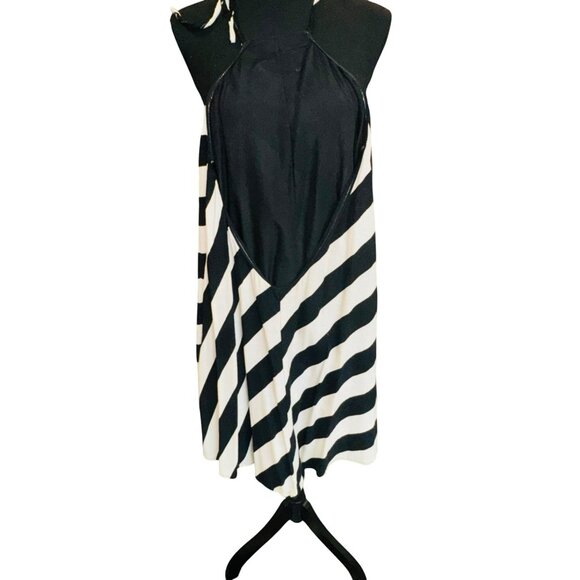 GB Black White Striped Halter Dress Built in Short Asymmetrical Hem Deep V Back - Picture 2 of 7